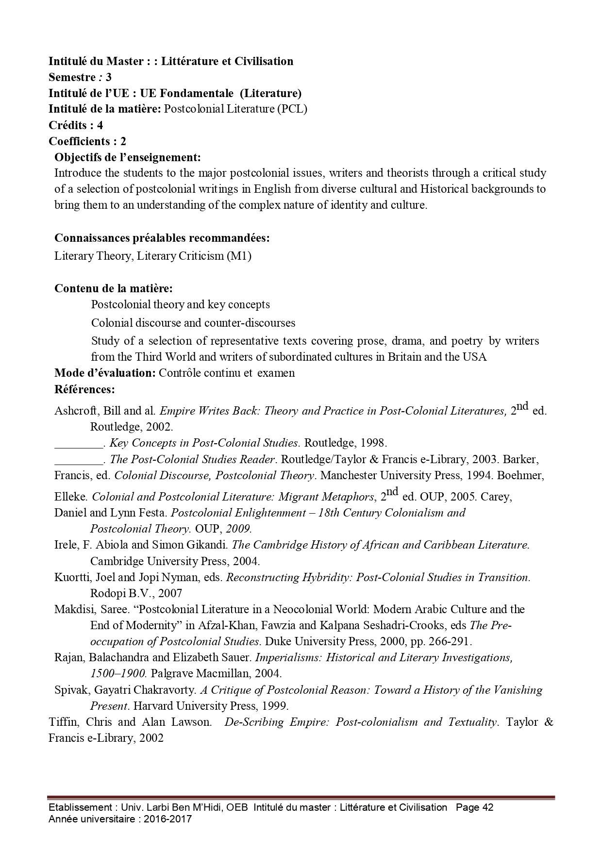 PCL Syllabus according to l'offre de formation
